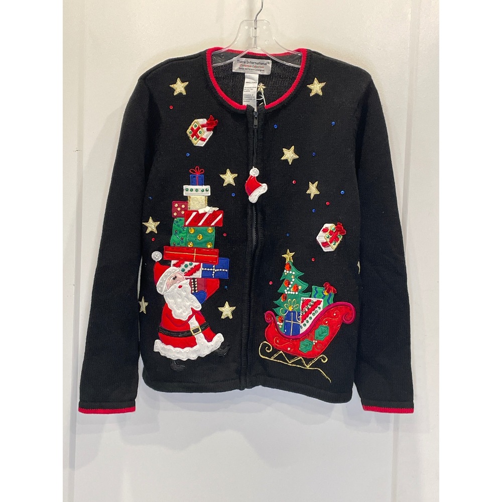 Holiday Ugly Christmas Sweater Cardigan Santa Embellished Black Novelty Small